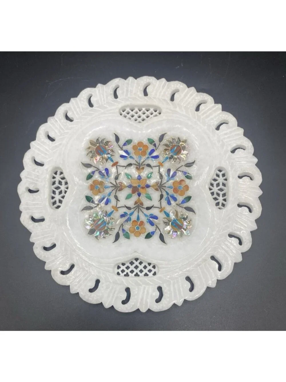 Inlaid Marble Plate Floral Stone Handmade Decor Boho Cottage 7 Inches